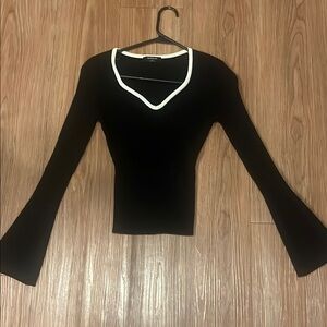 Black Fitted Bell Sleeve Blouse with Asymmetrical Design